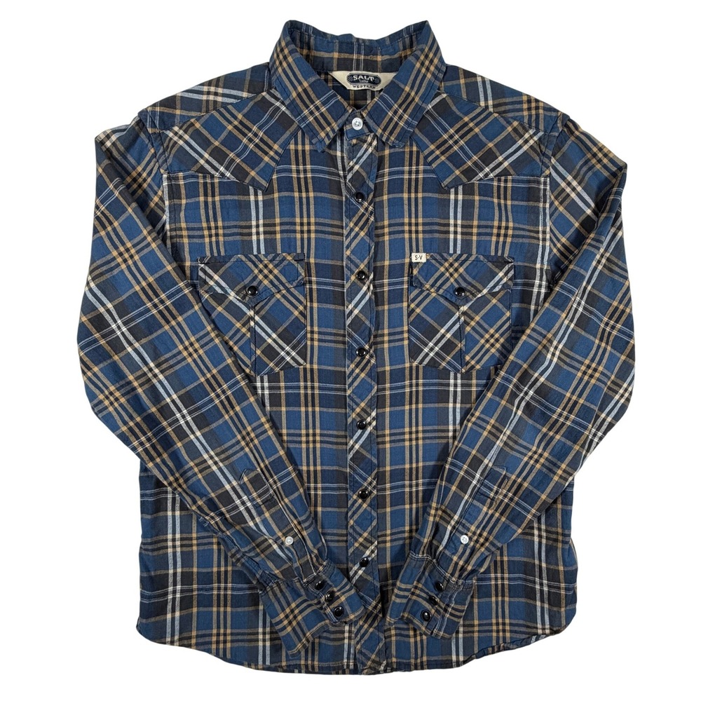 Salt Valley Western Mens Medium Blue Tan Plaid Snap Front Long Sleeve Shirt